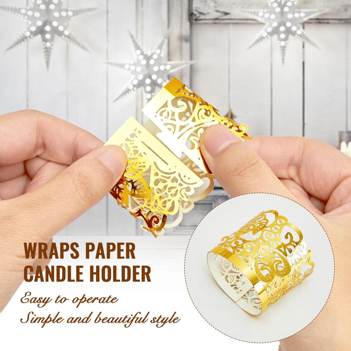 Tealight Votive Wrap Votive Candle Holders Laser Cutting Paper Candle Holder for Table LED Tealight Decor Party Wedding (Gold,100 Pieces)