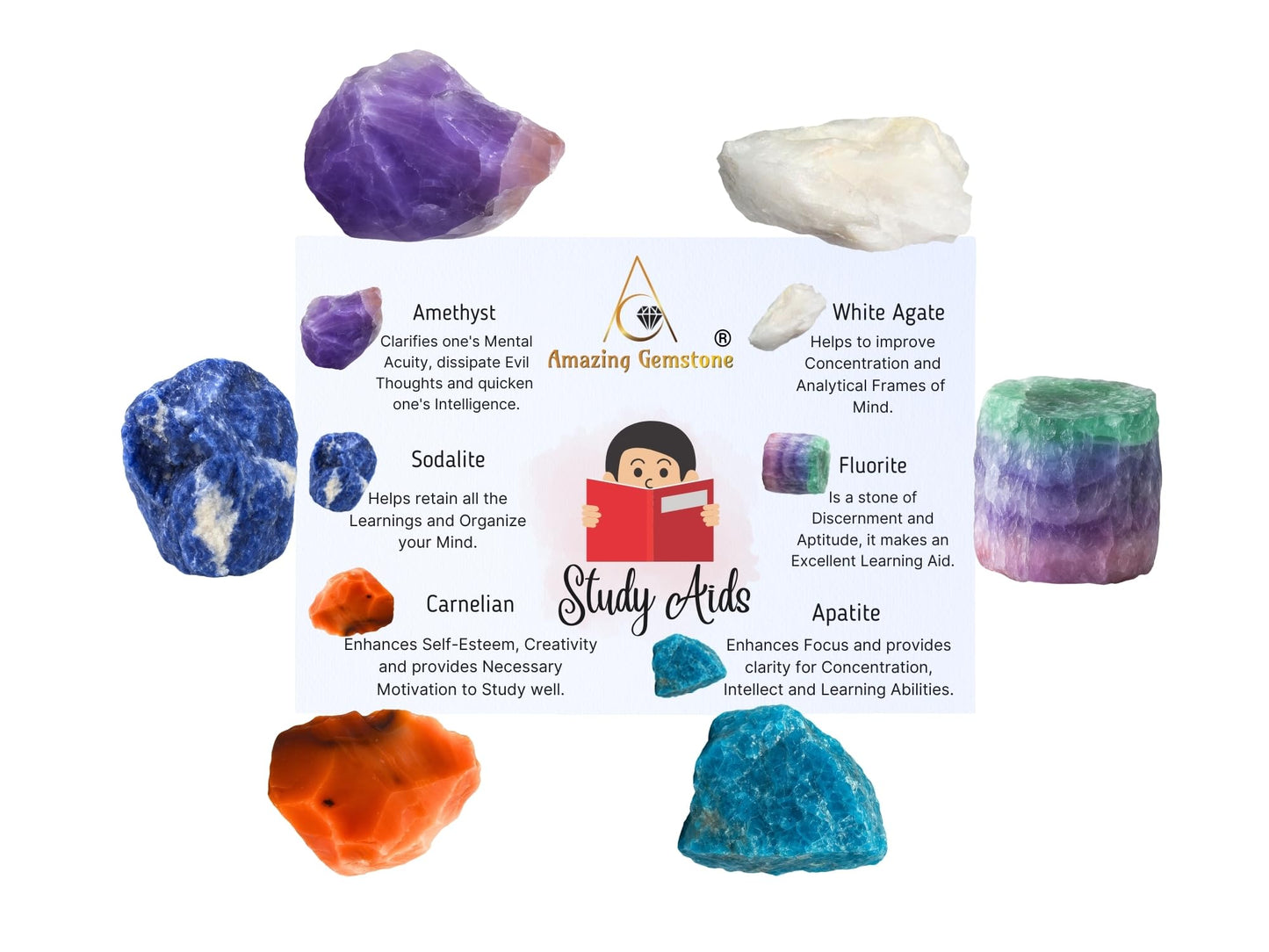 Amazing Gemstone Crystals for Studying Students Success Manifestation, Set of 6 Amethyst, Sodalite, Carnelian, White Agate, Fluorite and Apatite Healing Crystals and Stones
