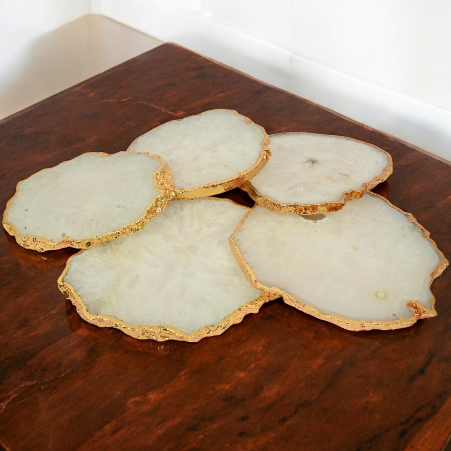 POSHIO Coasters Set of 5 Agate Stone Coaster- Table Decor Accessories- Beautiful Coasters Gift Set- Easy Fit for Mugs, Glasses & Small Bowls (5, Whites, Irregular)