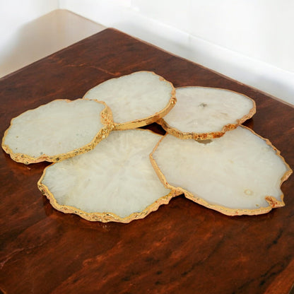 POSHIO Coasters Set of 5 Agate Stone Coaster- Table Decor Accessories- Beautiful Coasters Gift Set- Easy Fit for Mugs, Glasses & Small Bowls (5, Whites, Irregular)