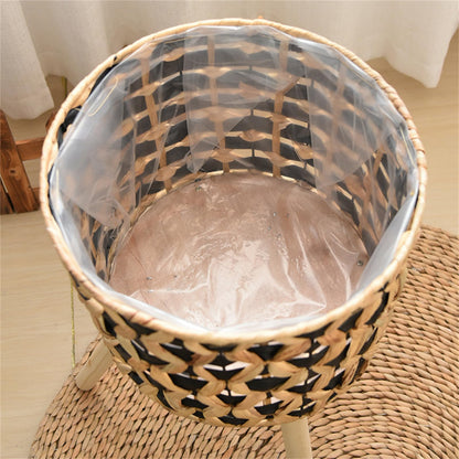 WAGHAVEN Woven Planter Baskets with Plastics Lining and 3 Wooden Legs, Wicker Planter Basket,Boho-Plant Pot with Stand,Plant Baskets Indoor with Liner for Plant, Flowers, Toy, Country Farmhouse