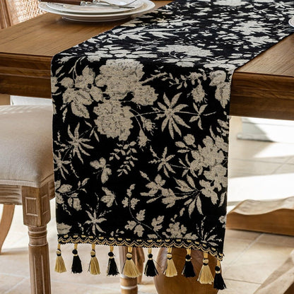 HomeyHo Botanical Dining Table Runner with Tassels Luxury Table Runner for Home Party Decor Jacquard Floral Elegant Halloween Natural Table Runners 13 x 71 Inch Black