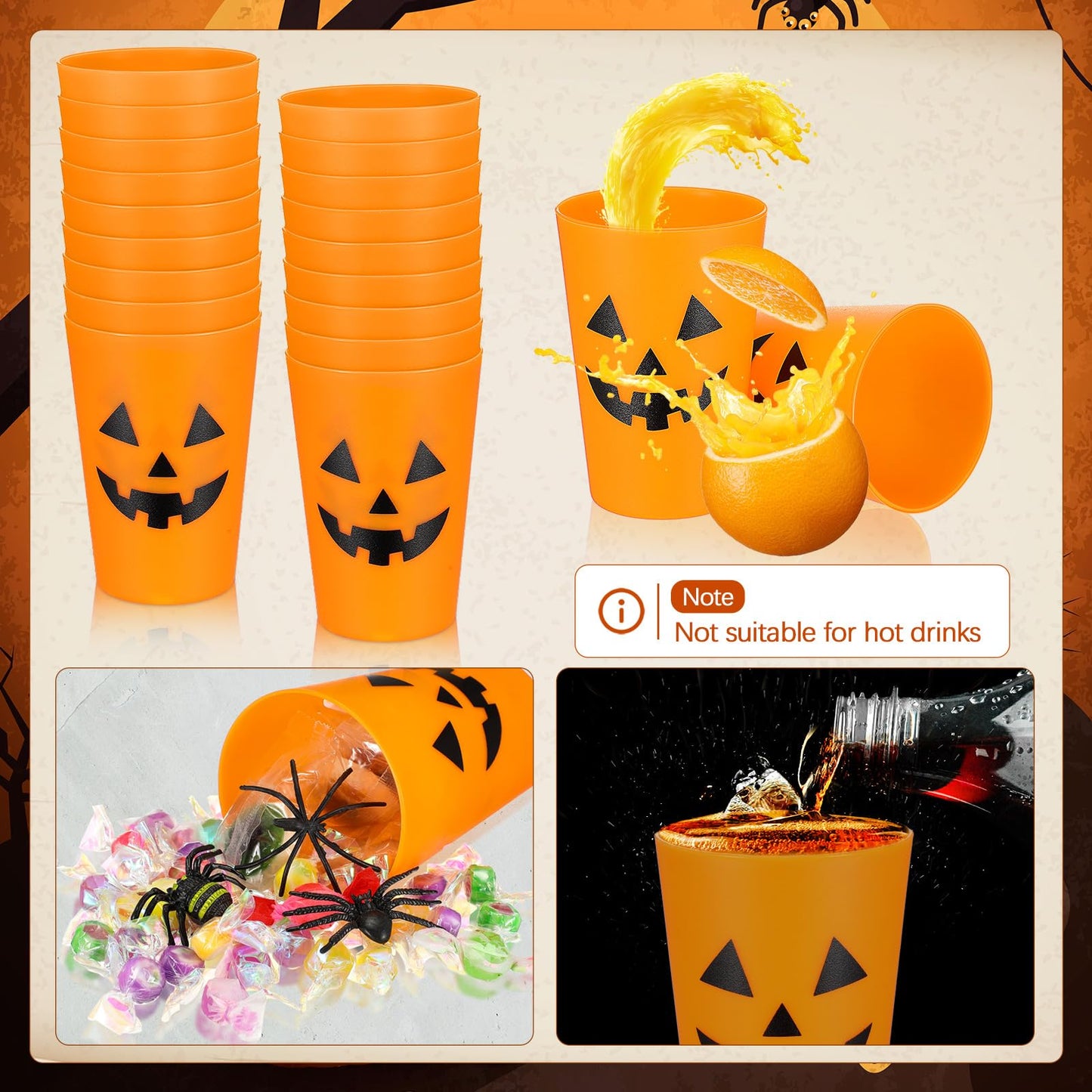 Dandat 48 Pcs Halloween Pumpkin Design Plastic Cups - Reusable Jack O Lantern Cups for Adults Kids Drinks Coffee Juice Party Supplies 8.8 oz