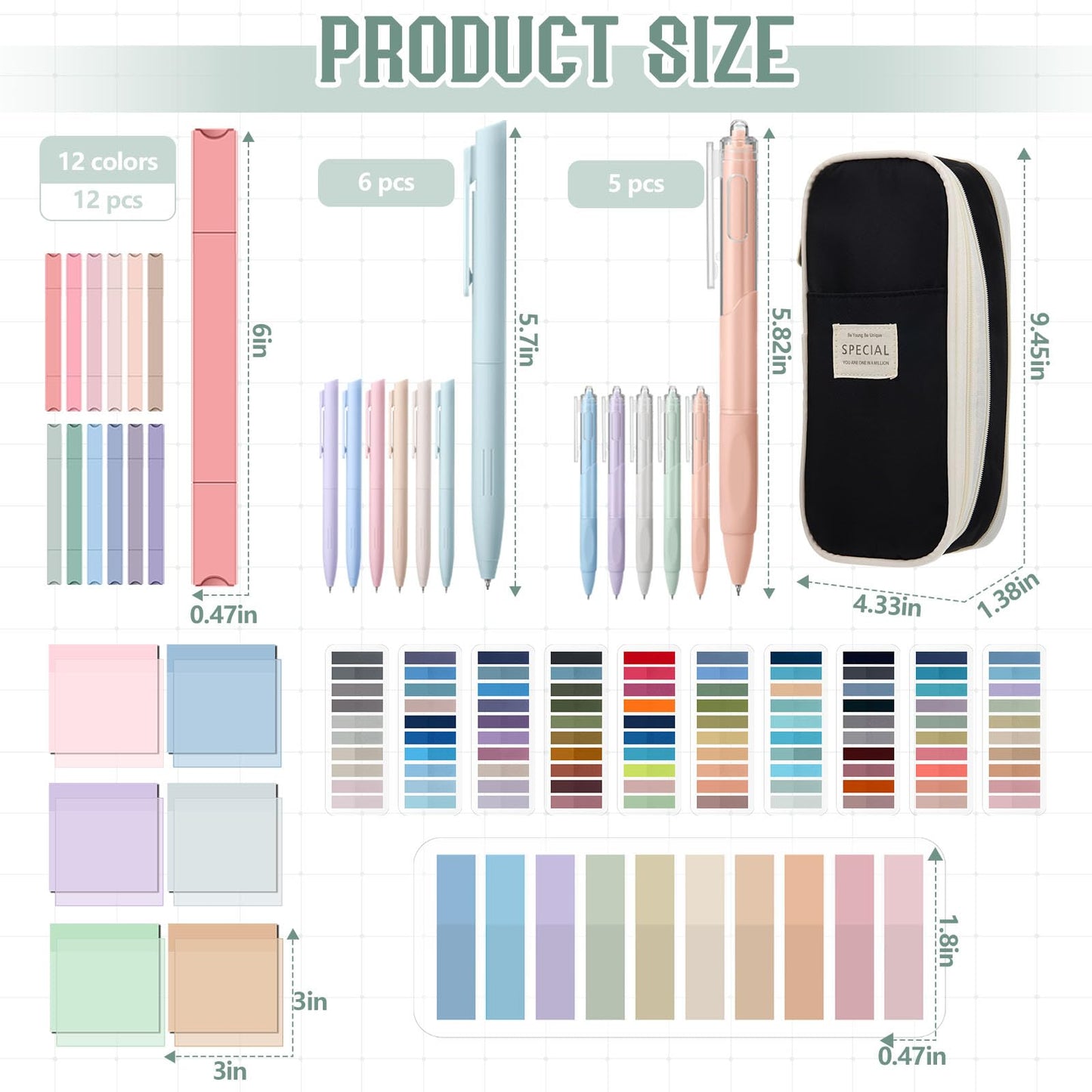 Trandraft 135 Pcs Book Annotation Kit with Pencil Case, 12 Pastel Highlighters, 11 Gel Pens, Fine Marker, 300 Transparent Sticky Notes, 2640 Index Tabs, Bible Study Supplies Kit(Classic,Black)