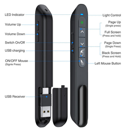 USB Type C Wireless Rechargeable Presenter Remote with Air Mouse, Green Light, Volume Control, Presentation Clicker PPT Pointer 2.4GZ PowerPoint Clicker Slide Advancer for Window Mac Keynote Google