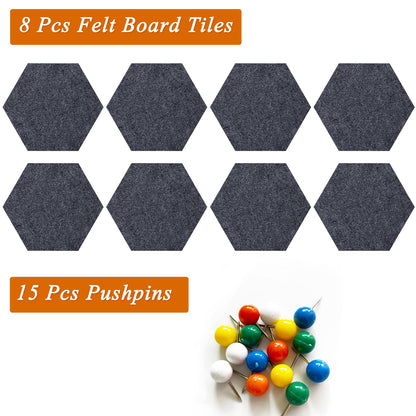 HULAVO 8 Pcs Hexagon Felt Cork Bulletin Board Tiles, Self Adhesive DIY Bulletin Board Pin Board for Office School Home Wall Decor Memos Photos Display(Deep Grey)