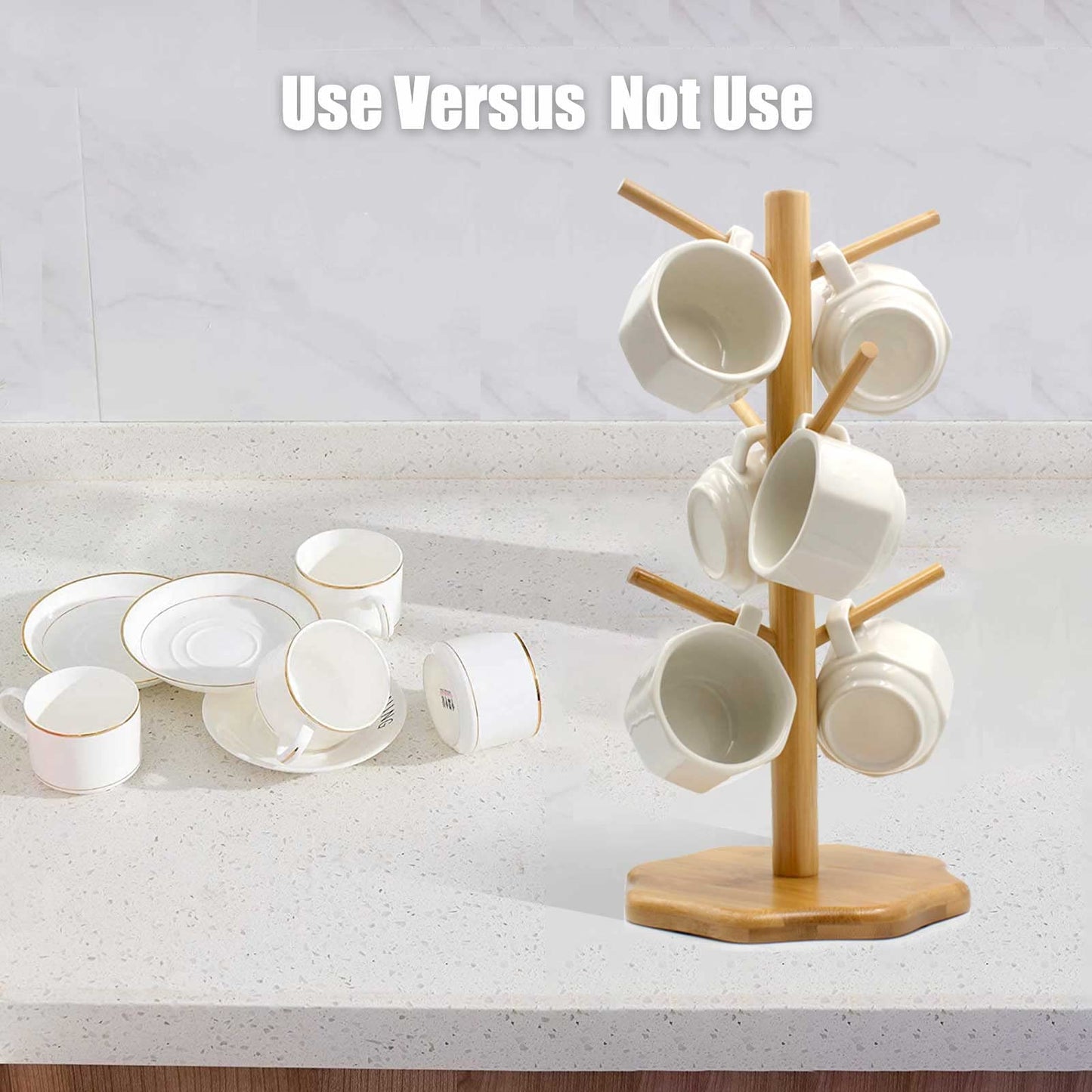 Gihunk Bamboo Countertop Mug Tree Stand with 6 Hooks, Octagon Base Coffee Cup Tree