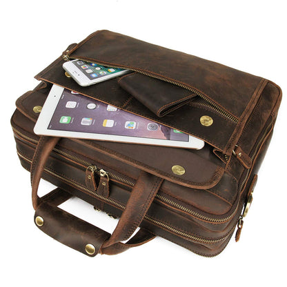 Augus Leather Briefcase for Men 15.6 Inch Laptop Bag Business Travel Large Capacity With Trolley Sleeve YKK Metal Zipper, Brown