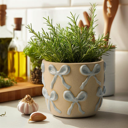 Yokiiimakiii Ceramic Flower Pots for Indoor and Outdoor Plants, Succulent Orchid Round Clay and Terracotta Planter for Garden Home Modern Decoration 5.3 Inch (Blue Bow, Without Saucers)