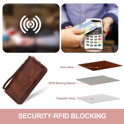 Blucoay Leather Wallet Women Wristlet RFID Blocking Large Capacity Long Wallet For Women Card Holder With Zip Coin Pocket(darkbrown)
