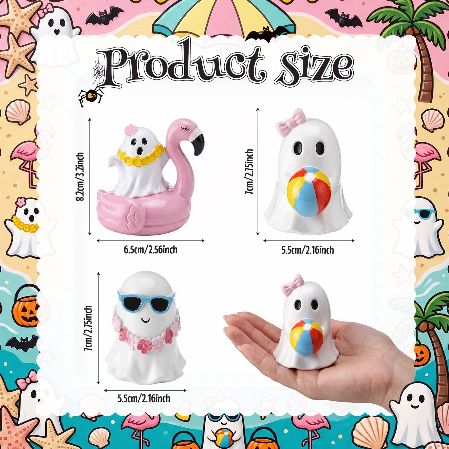 Amyhill 3 Pcs Summer Halloween Ghost Decor Set Ghost Figurines 2.8" Cute Tropical Beach Resin Statues with Flamingo Float Garland Sunglasses Mini Spooky Tiered Tray Decor for Home Office Shelf