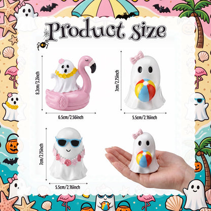 Amyhill 3 Pcs Summer Halloween Ghost Decor Set Ghost Figurines 2.8" Cute Tropical Beach Resin Statues with Flamingo Float Garland Sunglasses Mini Spooky Tiered Tray Decor for Home Office Shelf