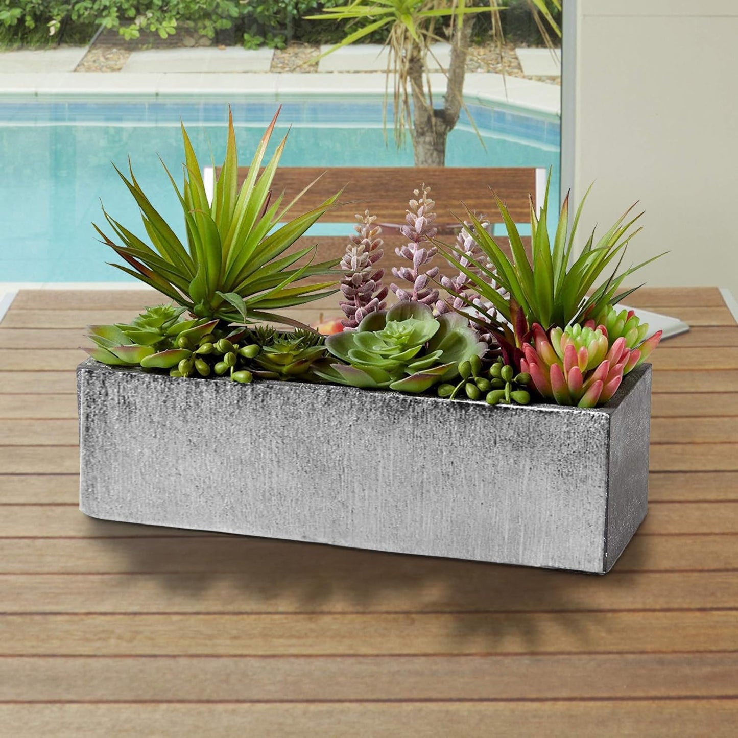 WGVI Long Rectangle Ceramic Planter Vase in Silver Etched 12" x 4" x 4"H, Block Rectangular Terrarium Box Pot, Flower Arrangement, Table top Centerpiece, Home Decor Storage Container, 1 Pc.