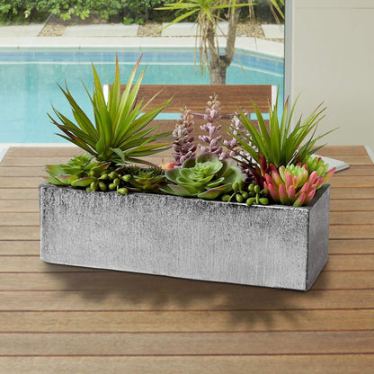 WGVI Long Rectangle Ceramic Planter Vase in Silver Etched 12" x 4" x 4"H, Block Rectangular Terrarium Box Pot, Flower Arrangement, Table top Centerpiece, Home Decor Storage Container, 1 Pc.