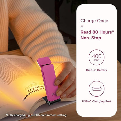 86lux Book Light, Rechargeable Reading Lights for Books in Bed, Ultralight Clip-on LED Bookmark Lamp with 3 Amber Colors & Stepless Dimming for Night Reading for Book Lovers, Kids, Hot Pink