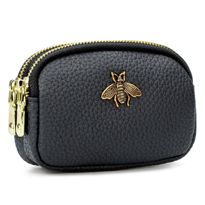 WOZEAH Leather Coin Purse for Women Small 2 Zipper Change Wallet with Key Ring Card Key Coin Cash Holder Pouch(Black)