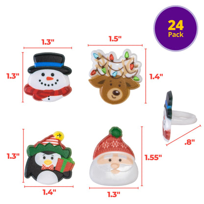 DecoPac Christmas Rings, Holiday Icon Cupcake Decorations, Cupcake Toppers Featuring Santa, Reindeer, Snowmen, and Penguins, Festive Food Safe Cake Topper – 24 Pack