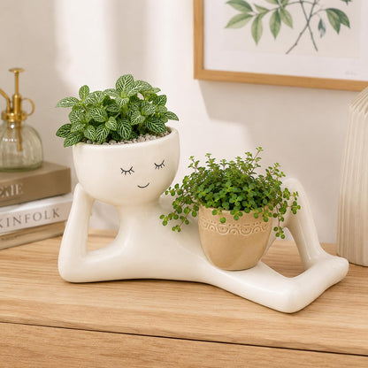 zhydrl Lazy Guy Planter - Resin Pot with Drainage Holes Cute Lying Down Smiling Figure for Succulents & Cacti, Unique Home Garden Decor Gift Idea for Indoor Outdoor Use
