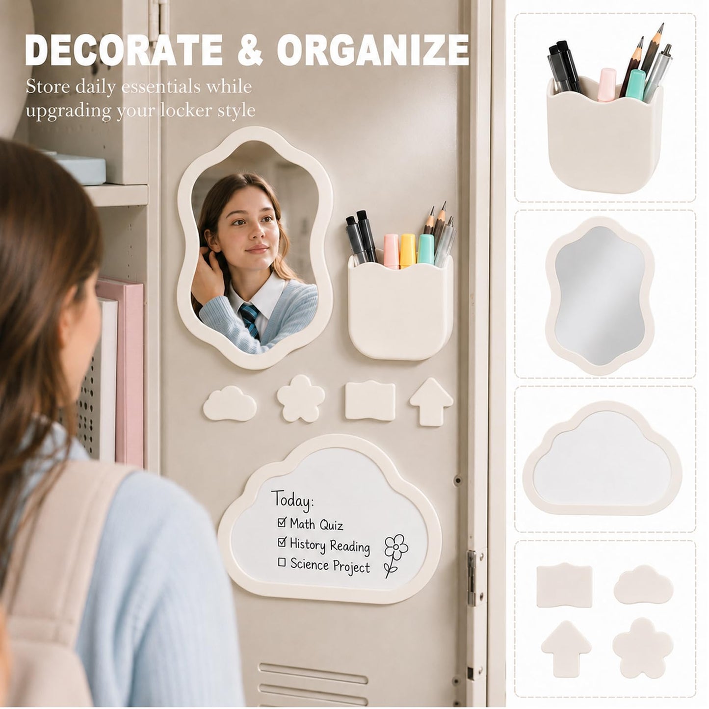 Svartur Magnetic Locker Accessories Set - Locker Mirror, Dry Erase Whiteboard, Magnetic Pen Holder & Cute Magnets, Aesthetic School Locker Decor for Girls, Locker Organizer Kit, White