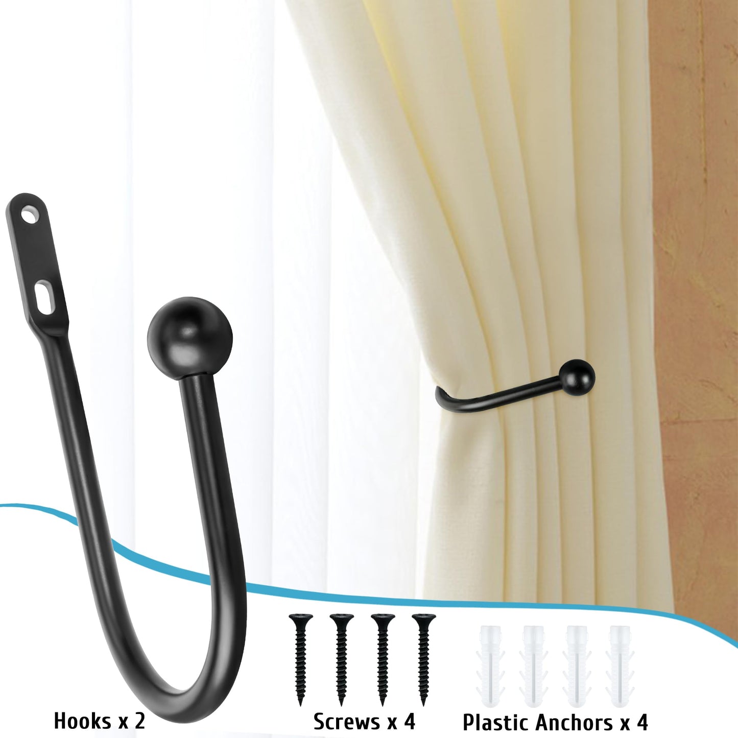 VRSS Wall Mount Curtain Tiebacks Drapery Holdbacks Curtain Holdback Hooks 6" L x 3" W Simple Style (4pcs Black)