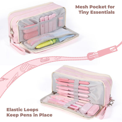 Four Candies Pink Pencil Case 3 Compartment, Large Pencil Pouch with Removable Handle & Zipper, Cute Stationery Organizer Big Pencil Case for Markers, Pencil Bag for Office College, Pink