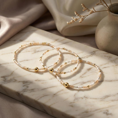 SHINUS BOHO Dainty Gold Plated Tiny White Rice Beaded Stack Bracelets Sets for Women,Stackable Small Beads Cute Bohemian Healing Stretch Trendy Ball Jewelry Friendship Gift Accessories