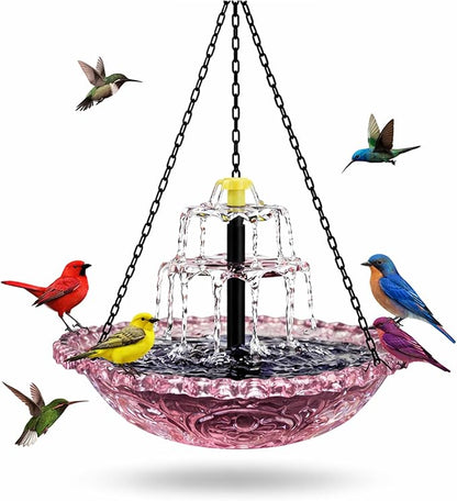Solar Powered Hanging Bird Bath, Vibrant Blue Multi-Tier Waterfall Fountain for Outside, Easy to Hang Bird Oasis for Garden Decoration, Balcony, for Bird Lovers (Pink)