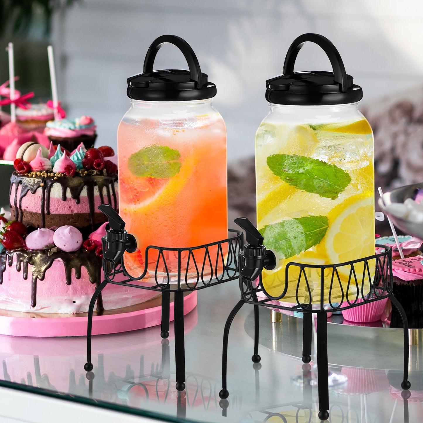 Tanlade 2 Pcs Plastic Drink Dispenser with Stand Beverage Dispenser with Sturdy Metal Base Juice Jar for Parties Lemonade Jar Spigot for Weddings Countertop Water, Each 1 Gallon(Black)