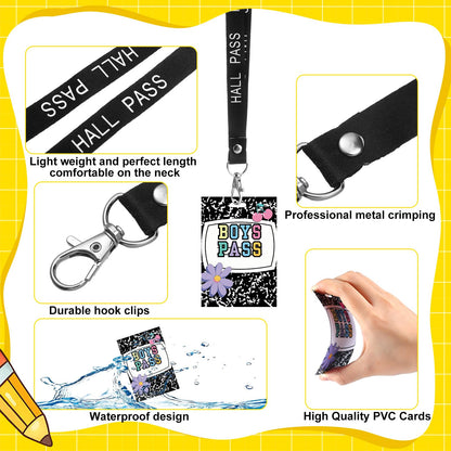 Fuyoooo 16 Set Flower Hall Pass Lanyards Unbreakable PVC Composition Notebook Classroom Passes with Lanyards Bathroom Boy Girl Library Hall Office Nurse Pass 2.4 x 3.5