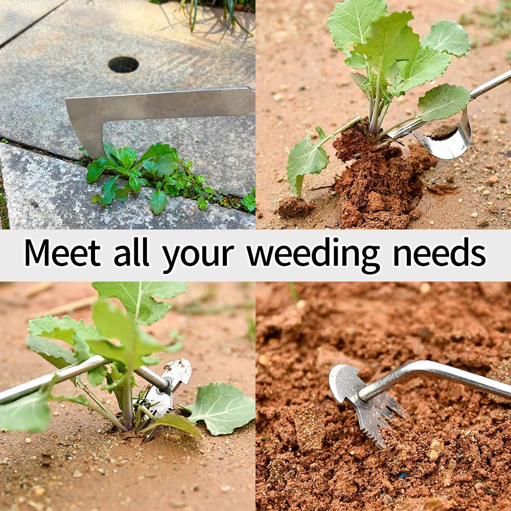 GANCHUN Weed Puller Tool, 3 Pack 2025 New Garden Stainless Steel Weeder Tool Hand Weeder Tool,Multi-Purpose Weed Remover Tool Weeding Tools for Gardening(Wooden Handle)