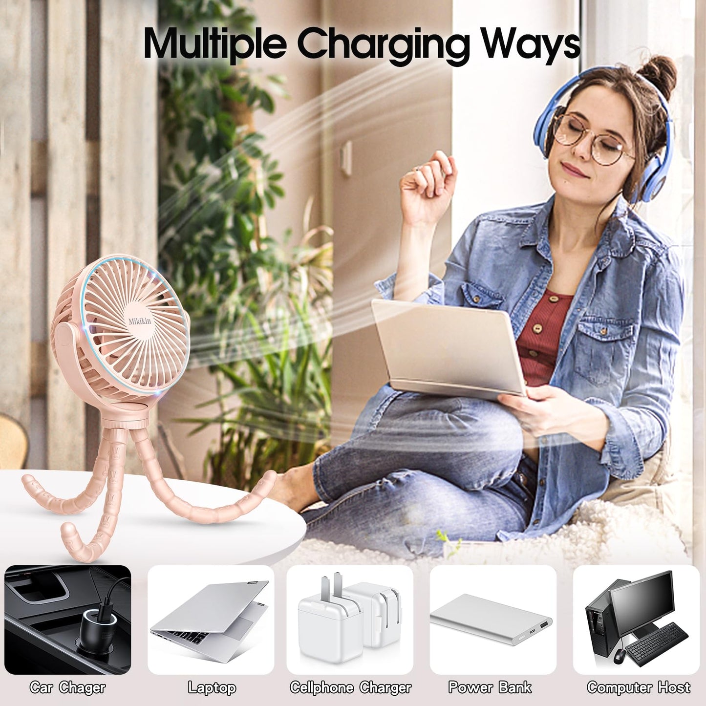 Portable Stroller Fan, Small Battery Powered Fan with Flexible Tripod Clip-on for Baby, USB Rechargeable Mini Handheld Desk Fan for Travel, Camping, Treadmill, Car Seat, Crib, Bike, Bedroom (Pink)
