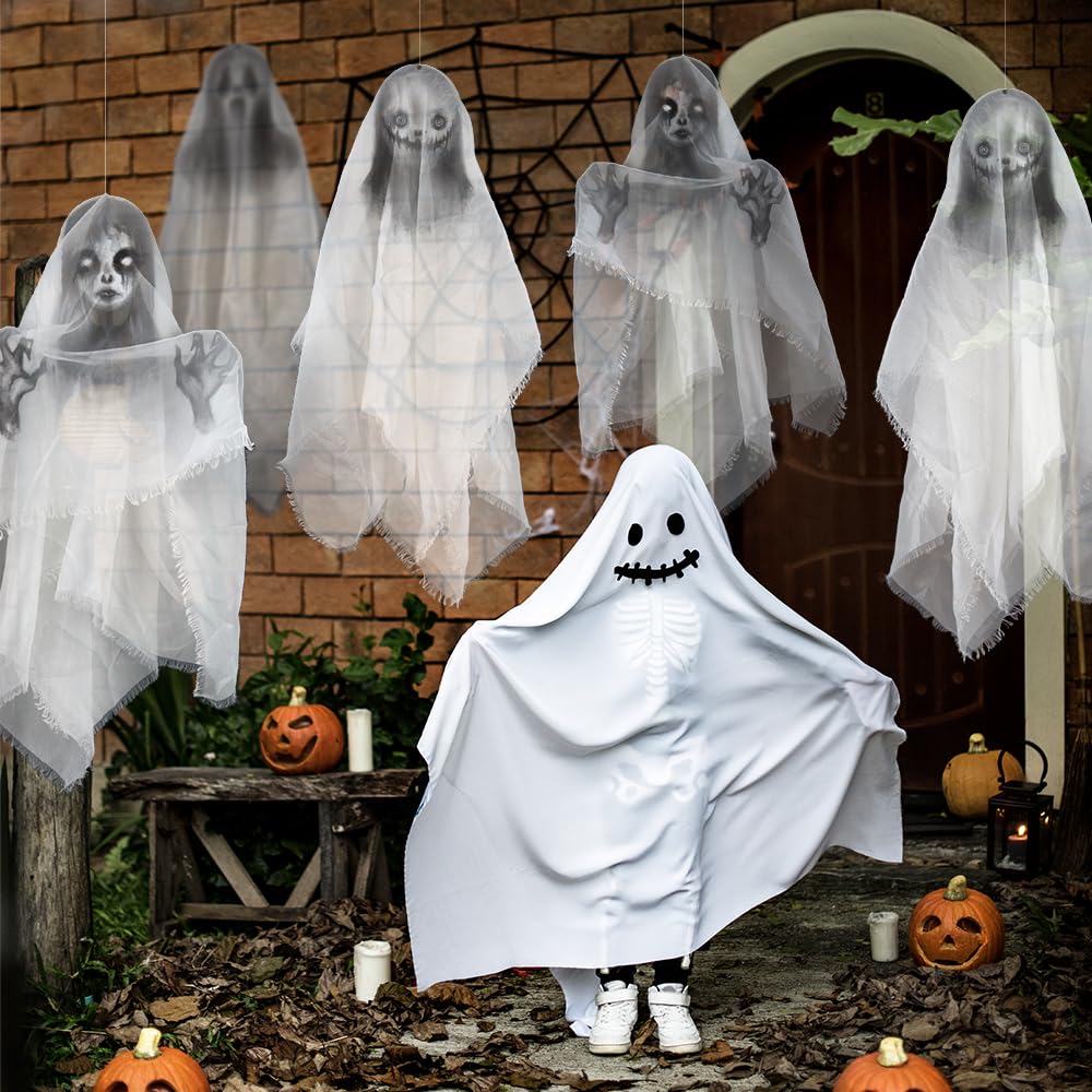 Cheerland Hanging Ghost Halloween Decoration Creepy Floating Ghost Garland Flying Ghouls for Haunted Mansion House Horror Parties Spooky Birthday Party Banner Scary Terror Fabric Yard Decor