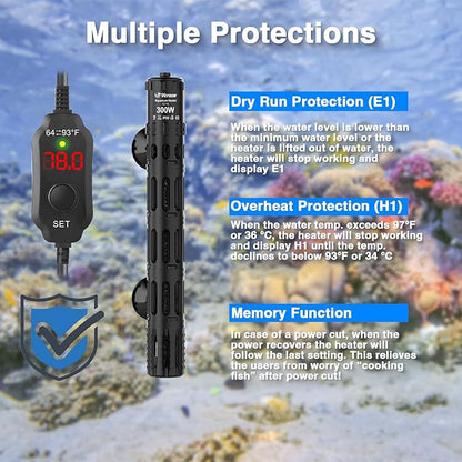 Aquarium Heater 300W, Submersible Fish Tank Heater with LED Digital Display, Auto Power-Off When Leaving Water & High Temp Protection, for Fresh and Salt Water Tanks 40-75 Gal