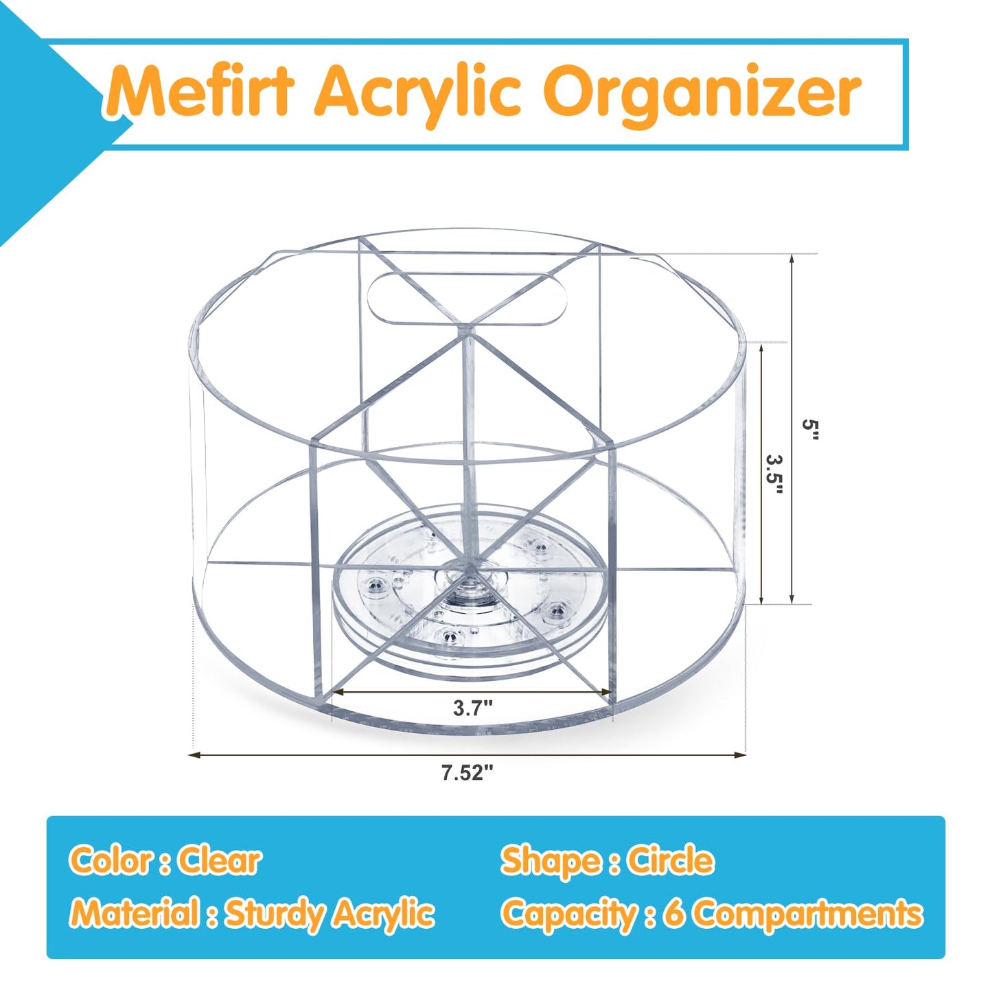 Mefirt Acrylic Pen Holder, 360 Degree Rotating Pen Organizer, Rotating Desk Acrylic Office Organizer with 6 Compartments, Marker Organizer for Kid, Crayon Caddy School Art Supply Storage Organizer