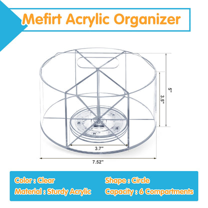 Mefirt Acrylic Pen Holder, 360 Degree Rotating Pen Organizer, Rotating Desk Acrylic Office Organizer with 6 Compartments, Marker Organizer for Kid, Crayon Caddy School Art Supply Storage Organizer