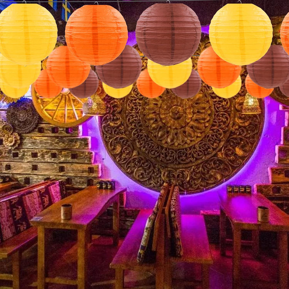 PheiLa 12 Pcs Fall Paper Lanterns Thanksgiving Decorations Yellow Orange and Brown Paper Lanterns Autumn Decorative Round Hanging Party Decorations Harvest Theme Party Supplies