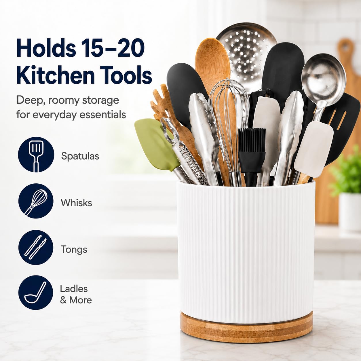 QUELIEN Utensil Holder, 360° Rotating Ceramic Kitchen Utensil Holder for Countertop, 7.7" Utensil Crock for Kitchen Counter with Rotatable Wooden Base,Ideal Housewarming Gift & Mothers Day Gift