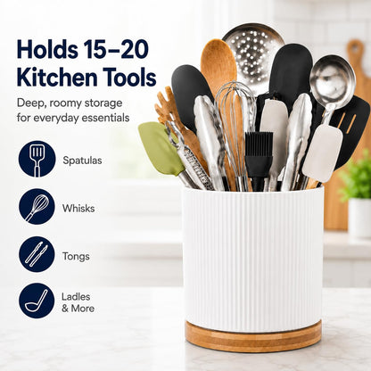 QUELIEN Utensil Holder, 360° Rotating Ceramic Kitchen Utensil Holder for Countertop, 7.7" Utensil Crock for Kitchen Counter with Rotatable Wooden Base,Ideal Housewarming Gift & Mothers Day Gift