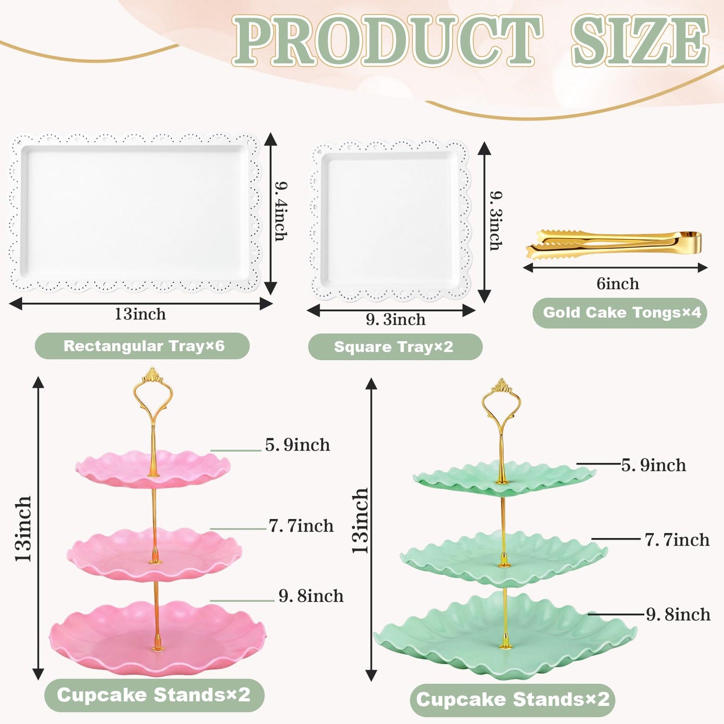 Remerry 16 Pcs Dessert Table Display Set 3 Tier Cupcake Stands Tower Holder Plastic Cookie Serving Trays Gold Serving Tongs for Tea Party Wedding Baby Shower Birthday Table Display (Pink and Green)