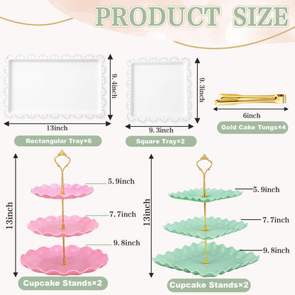 Remerry 16 Pcs Dessert Table Display Set 3 Tier Cupcake Stands Tower Holder Plastic Cookie Serving Trays Gold Serving Tongs for Tea Party Wedding Baby Shower Birthday Table Display (Pink and Green)