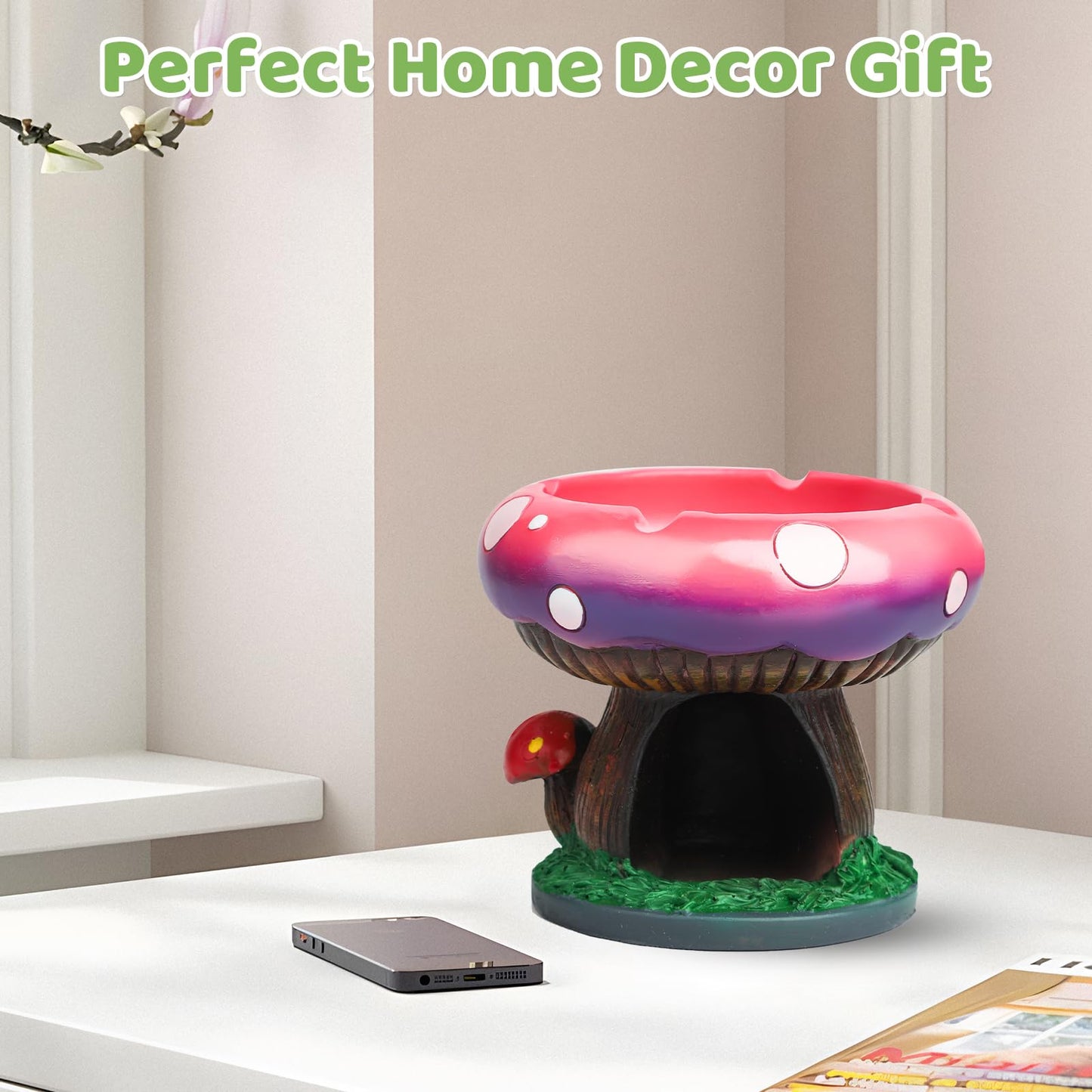 BESUPERT Premium Mushroom Decor Statue Jewelry Tray Candy Dish, Cute Fun Aesthetic Decorative Ornament for Home Bedroom Living Room Office Table Use, Unique Christmas Birthday Gift (Large Pink)