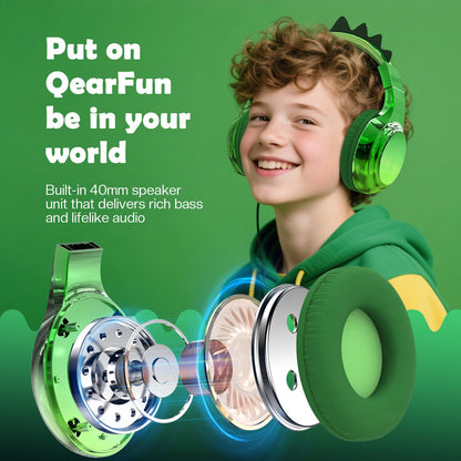 QearFun Kids Dinosaur Bluetooth Headphones, 60H Playtime, 74/85/94dB Safe Volume Limit, Metallic Gradient Wireless Headset with Mic, Fast Charging, Foldable, Wired Mode for Girls School/Tablet/Travel