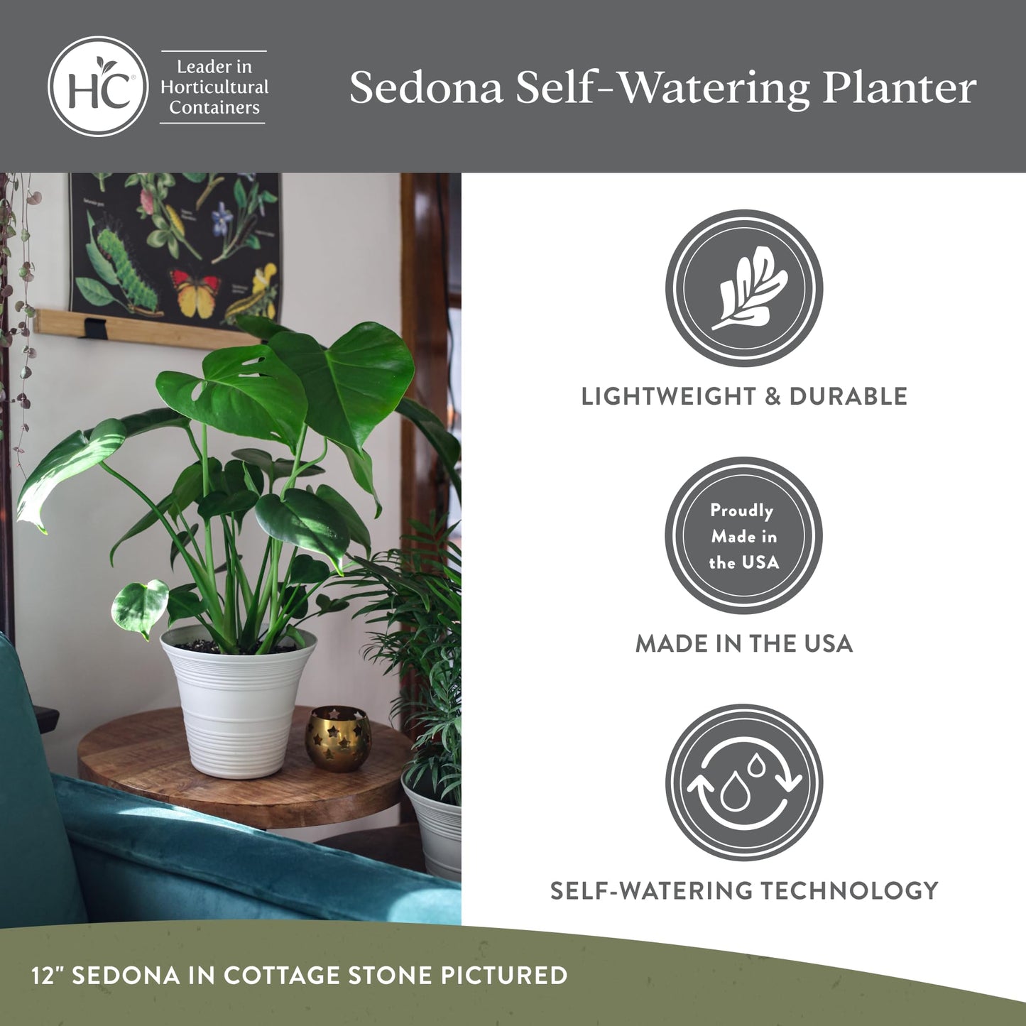 The HC Companies 7 Inch Sedona Round Self Watering Planter Pots, Lightweight UV-Resistant Plastic Indoor & Outdoor Planters, 4-Pack Flower Pots for Garden & Home Decor, Dusty Teal