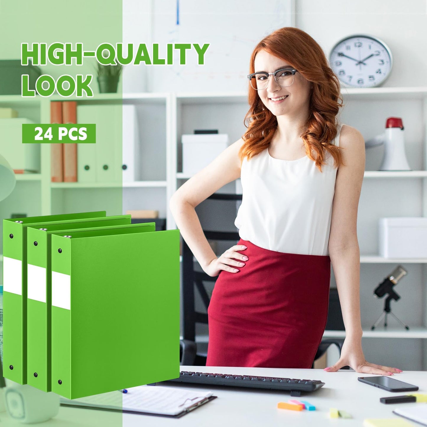 Henoyso 24 Pcs Tender Green 1.5" 3 Ring Plastic Binder Bulk, 1 1/2 Inch Soft Flexible Binders Round Rings, Fits Letter Size 8.5'' x 11'' Paper, Holds 350 Sheets, for School Office (1.5 Inch)