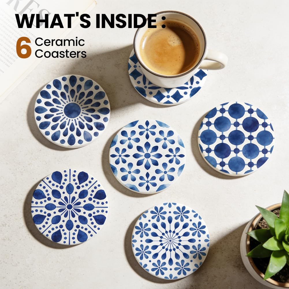 ANATTASOUL Ceramic Coasters Set of 6 with Holder Blue Abstract Patterns Absorbent Drink Coasters for Home Decor, 4.05" Round Marble Coasters for Coffee Table, Kitchen, Bar Decor Housewarming Gifts