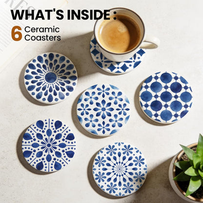 ANATTASOUL Ceramic Coasters Set of 6 with Holder Blue Abstract Patterns Absorbent Drink Coasters for Home Decor, 4.05" Round Marble Coasters for Coffee Table, Kitchen, Bar Decor Housewarming Gifts