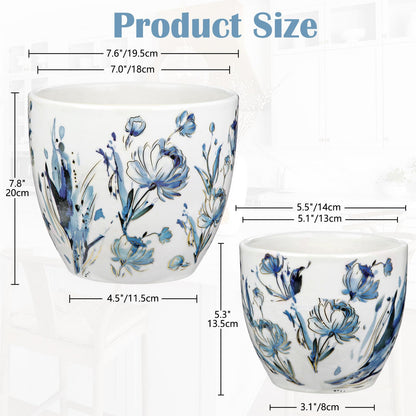 Decorative Flower Pots Blue and White Plant Pot Gold Accent Ceramic Planters for Indoor Plants Pots with Drainage Retro Planter Pot for Succulents Cactus Herb Snake Plants Outdoor Garden, 7.6/5.5 Inch