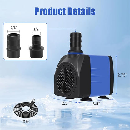 AQUANEAT Small Fountain Pump, 480 GPH Submersible Water Pump for Aquarium Fish Tank, Outdoor Water Fountain, Hydroponics, Pond Filter Pump
