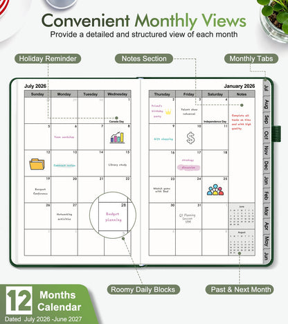 Planner 2026-2027, Academic Weekly and Monthly Calendar Planner from July 2026 - June 2027, Hardcover Leather Daily Agenda Book with Tabs, College School Organizer for Student Teacher, A5 (5.75" x 8.38"), Green
