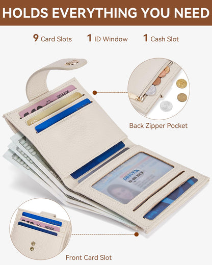 BOSTANTEN Slim Wallet for Women Small RFID Blocking Credit Card Holder Leather Bifold Wallets with Zipper Coin Pocket Beige